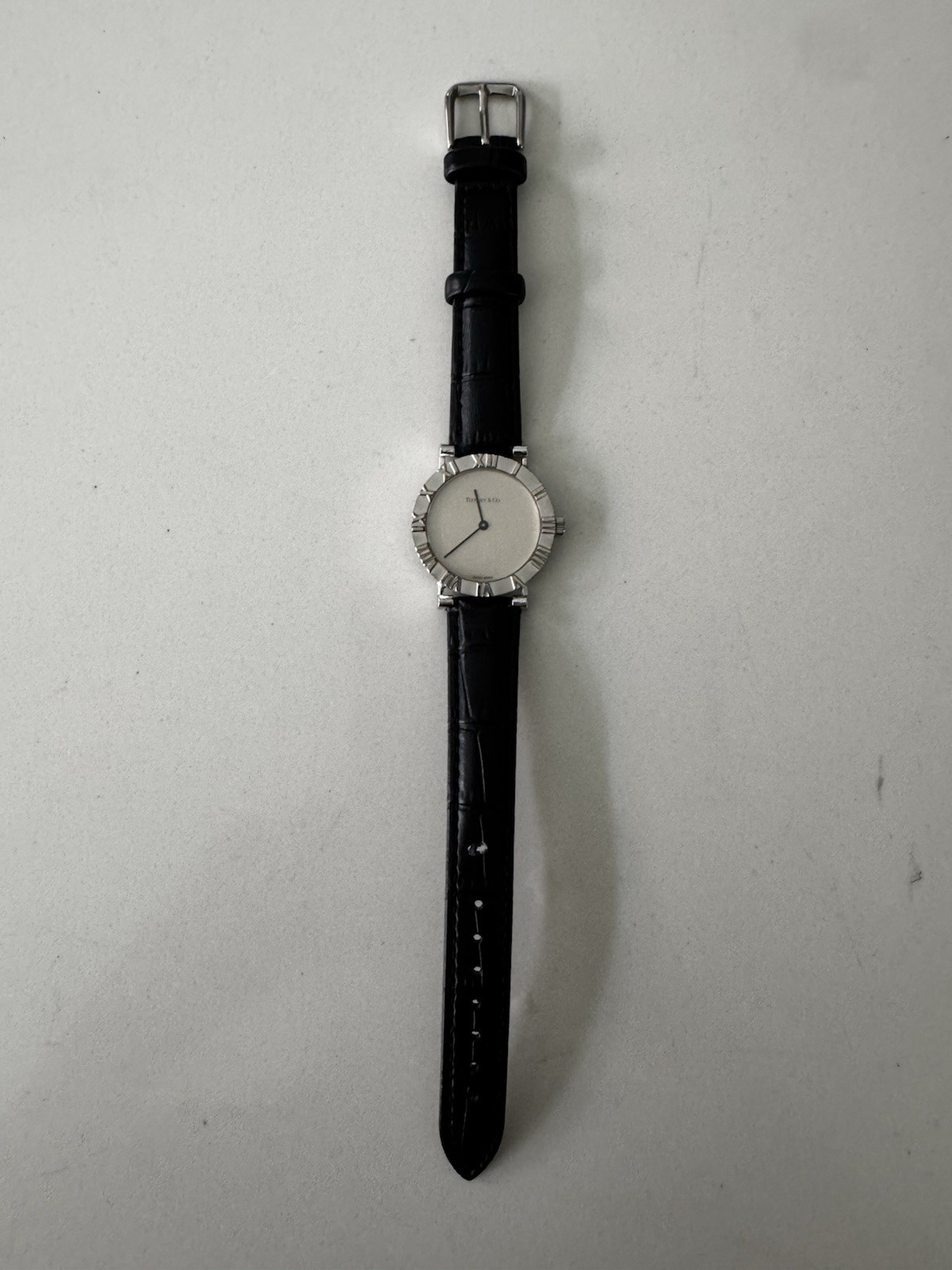 Tiffany & Co. Atlas Swiss Made M0640 Quartz Sterling Silver Watch Black Leather
