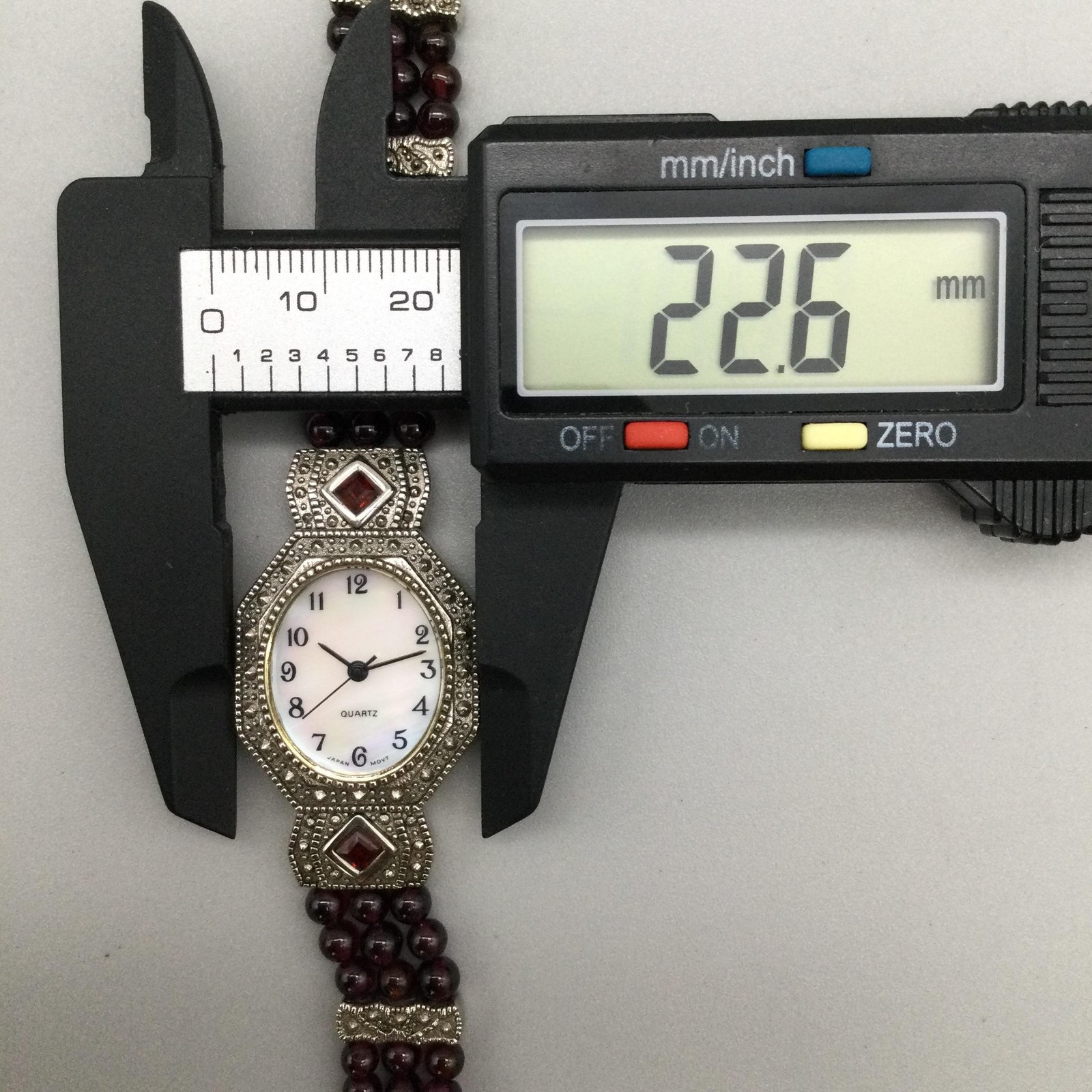 Avon Womens Watch 23mm Marcasite Red Bead Bracelet Silver Tone New Battery 6.5″