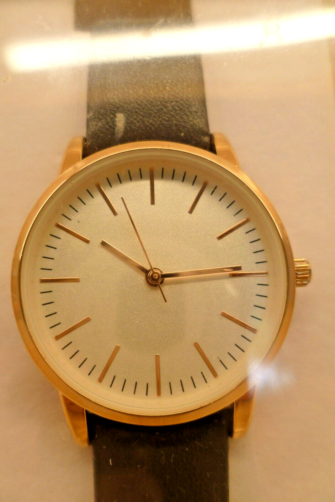 Smart Quartz H&M Watch Rose Gold Black Strap Champagne Ivory 30mm Face Dial