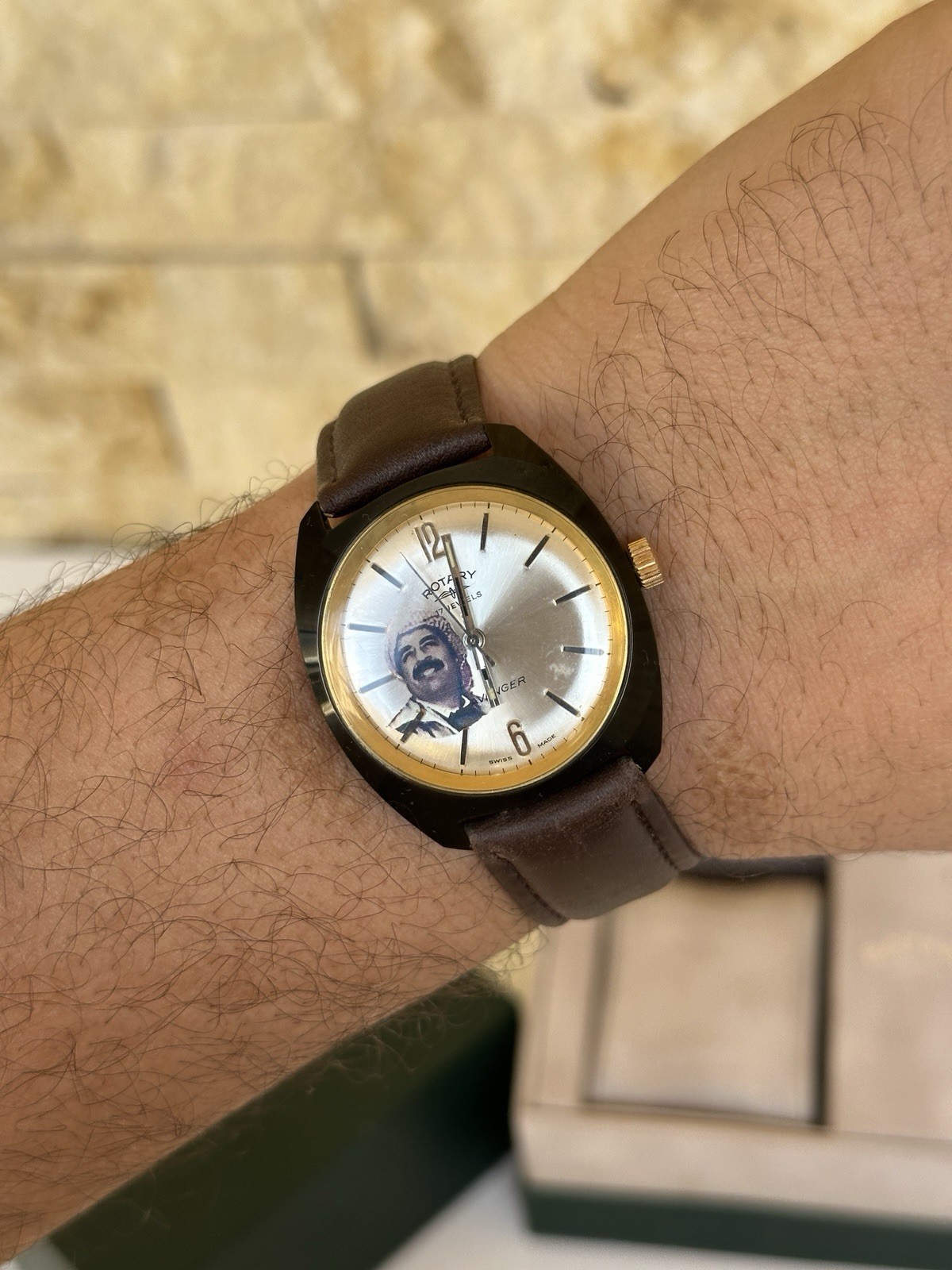 Vintage Rotary Saddam Hussein Iraq Portrait Watch Manual Wind 36mm Boxed 1970s