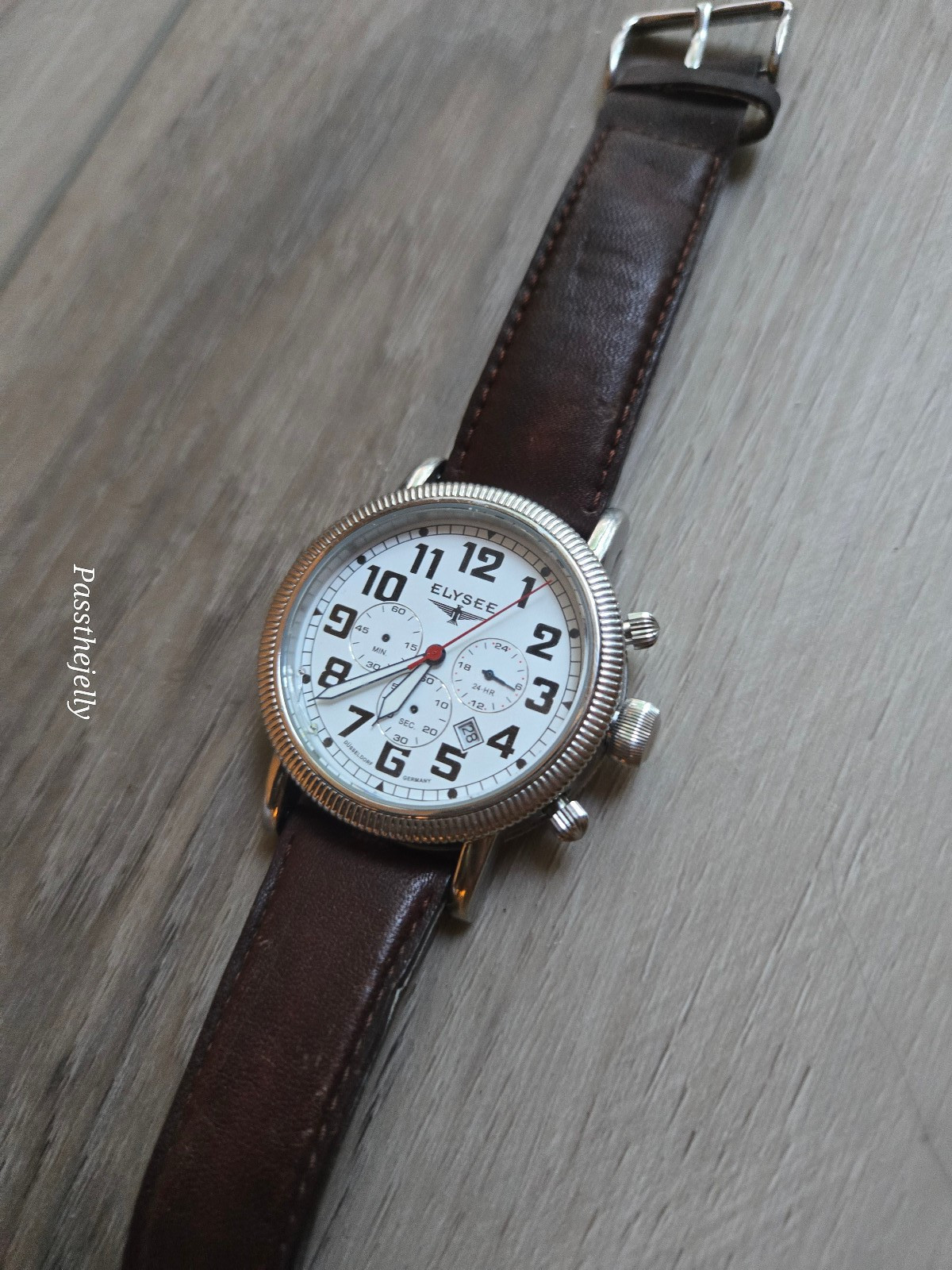 Elysee Chronograph Watch Mens White Dial Brown Leather Pilot Aviator 16324