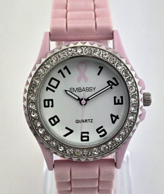 Pink Ribbon Awareness Rhinestone Watch Embassy Gruen Pink Silicone Band NEW BATT