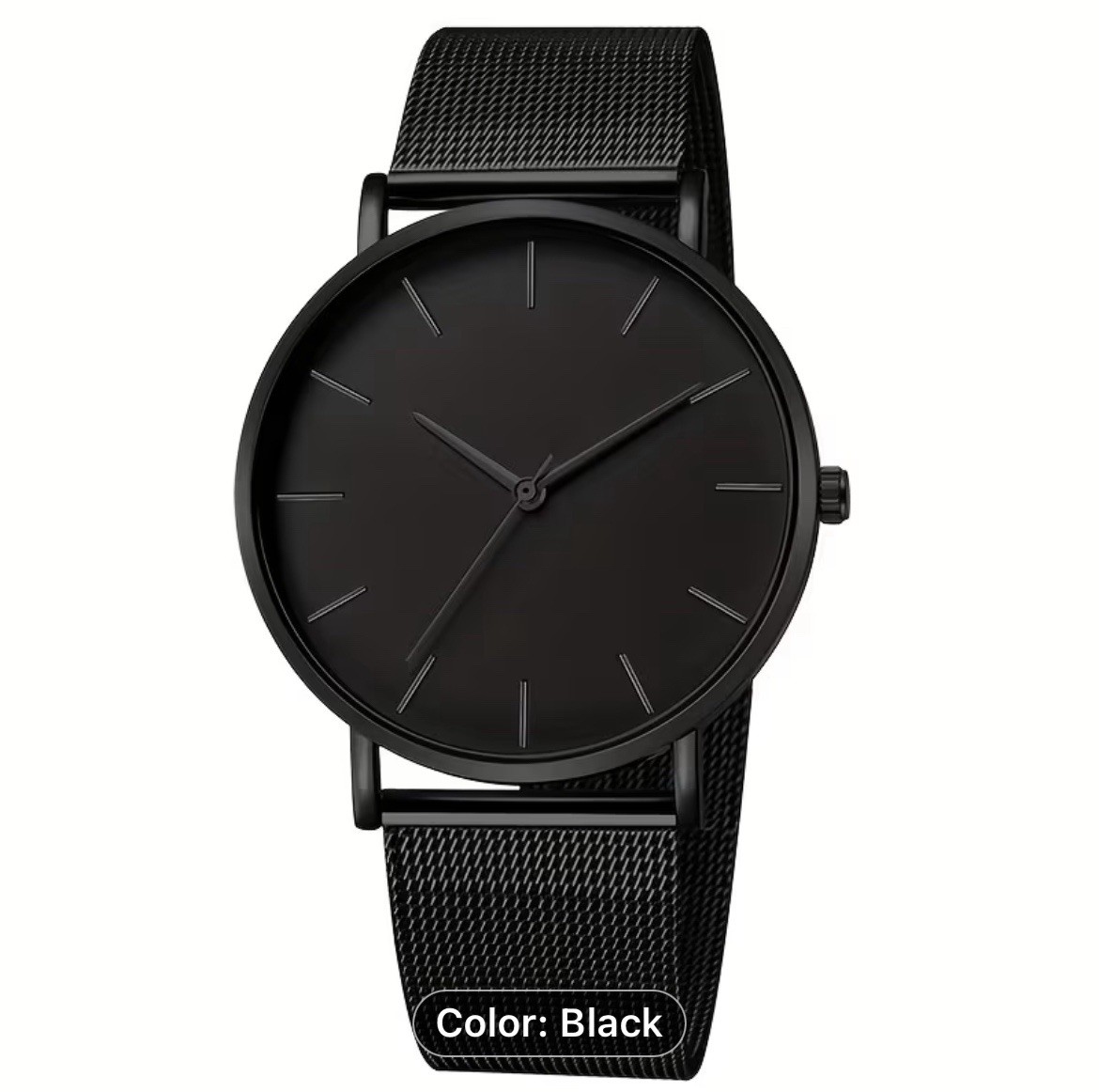 Black Mesh Band Analog Wristwatch Round Matte Case Stick Indexes Unisex