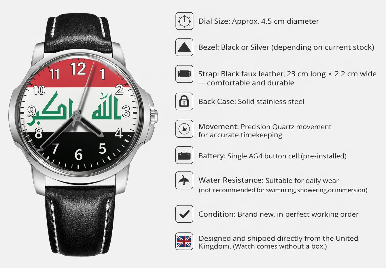 Flag Of Iraq Leather Strap Big Dial Wrist Watch