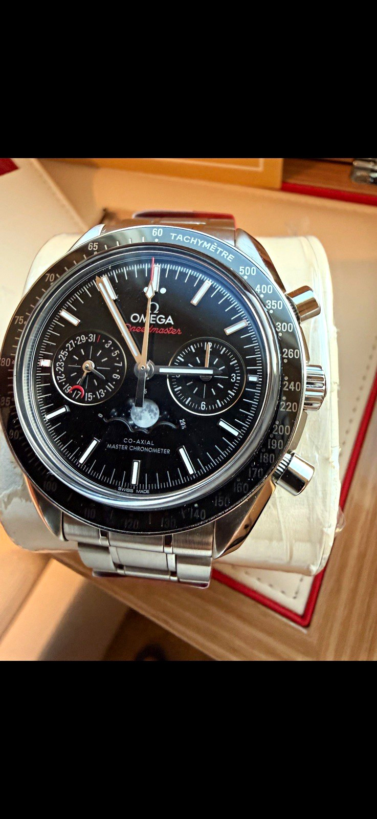 OMEGA Speedmaster Moonphase Co-Axial Chronograph 44.25mm Black Dial Box