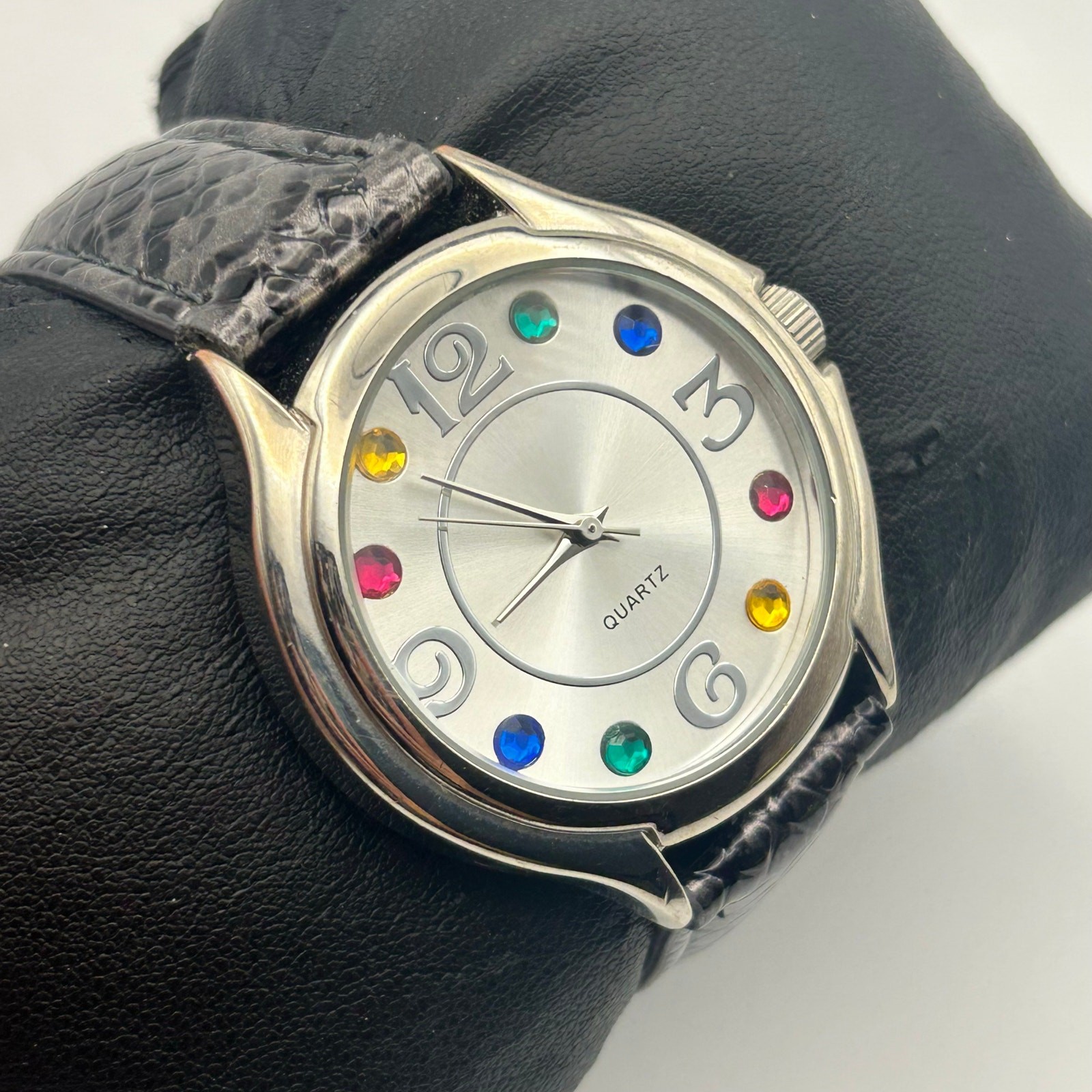 Accutime Multicolor Crystal Dial Quartz Watch Silver Tone Black Leather Band