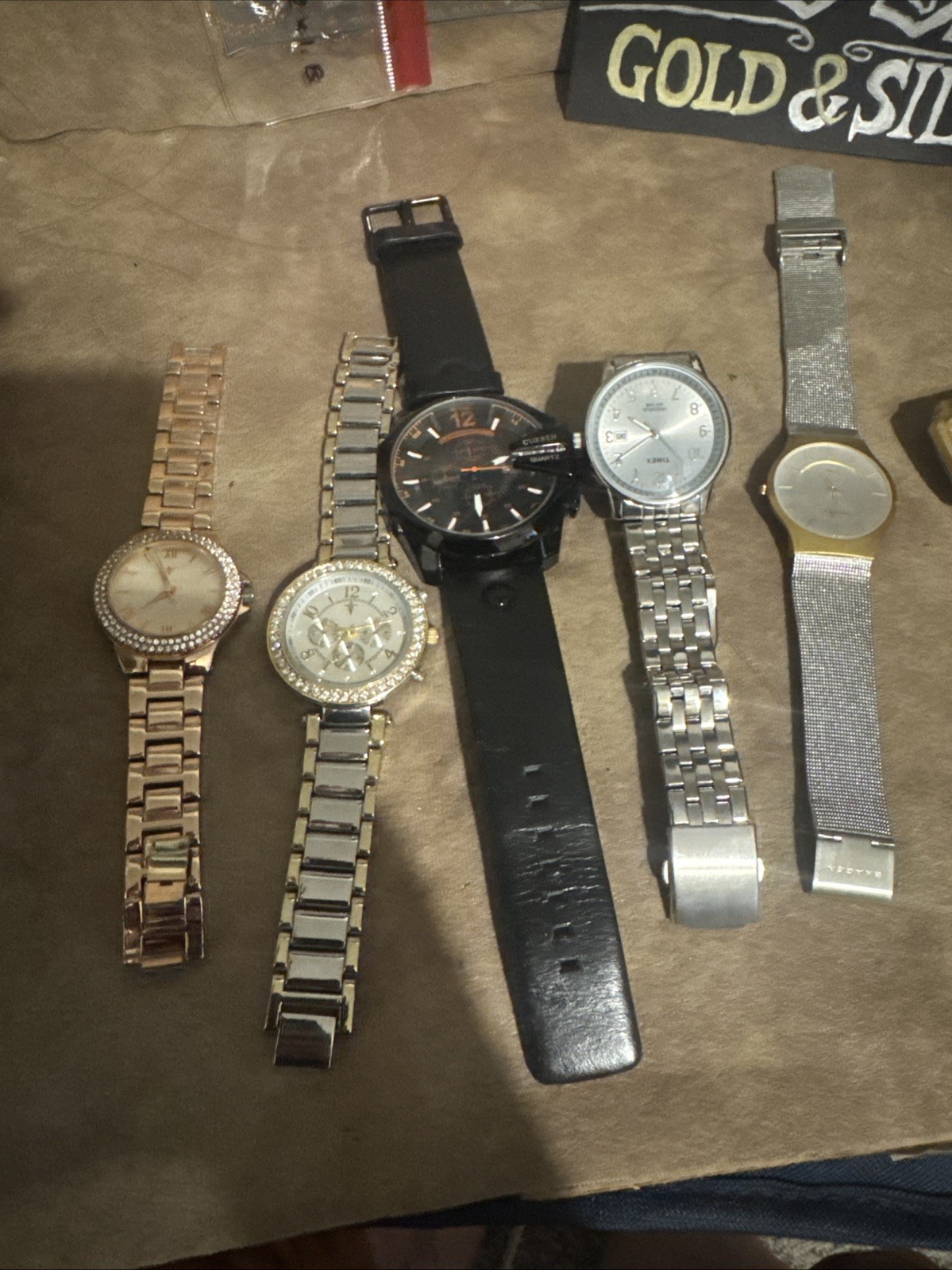 Lot of 5 Men’s & Women’s Fashion Wristwatches Gold Silver Black Mix Group