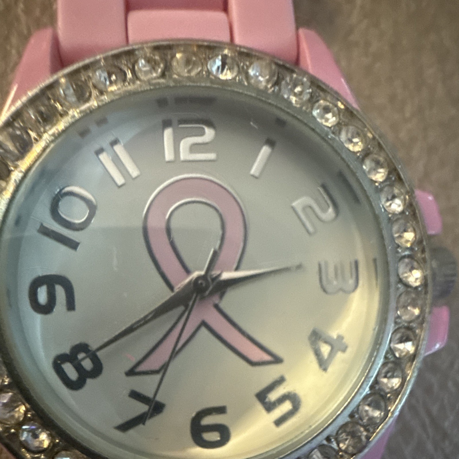 Geneva RW-36 Quartz Analog Awareness Ribbon Pink Silicone Strap Gem-Set