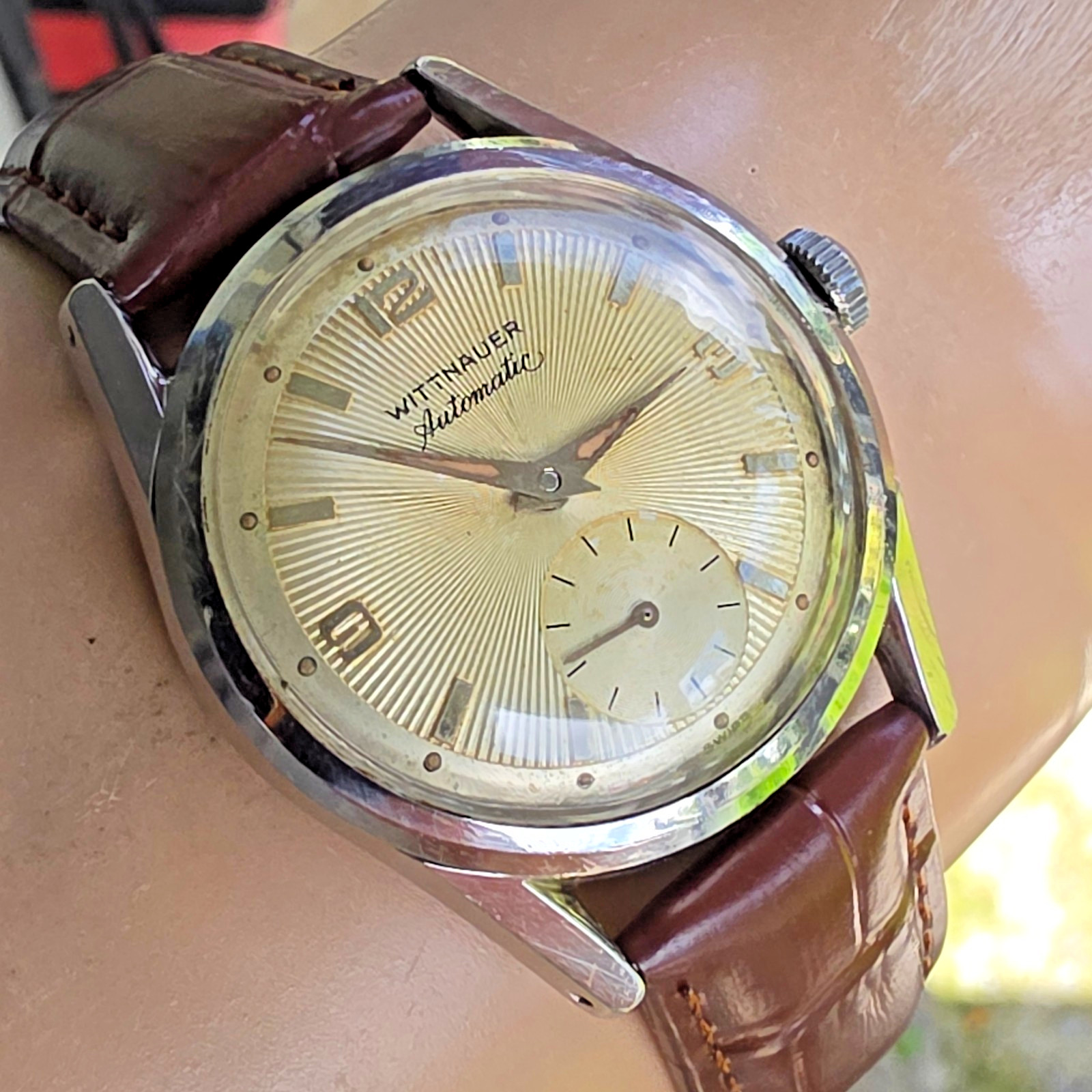 Vintage WITTNAUER men’s automatic watch 11AFG Sunburst dial swiss 1950s