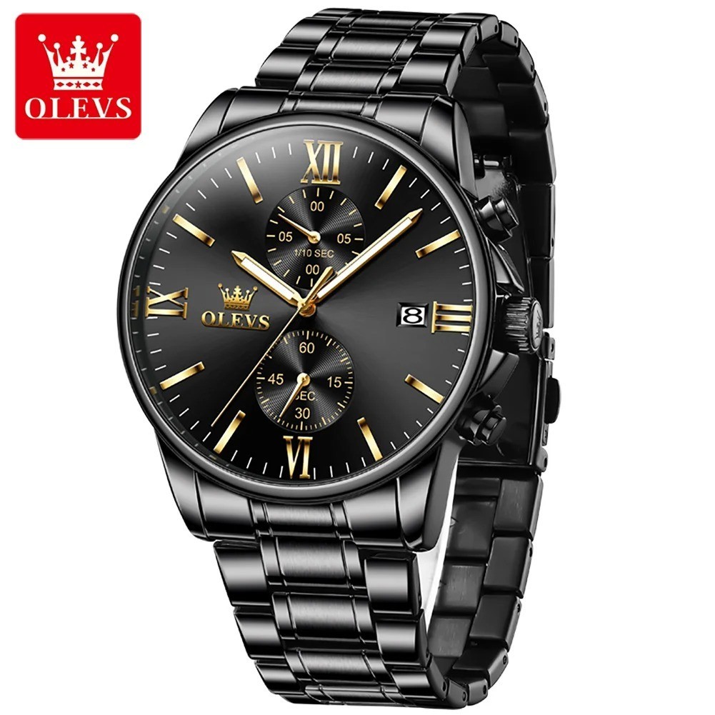 OLEVS 2886 Classic Black Quartz Watch for Men Elegant Chronograph Auto Date Cloc