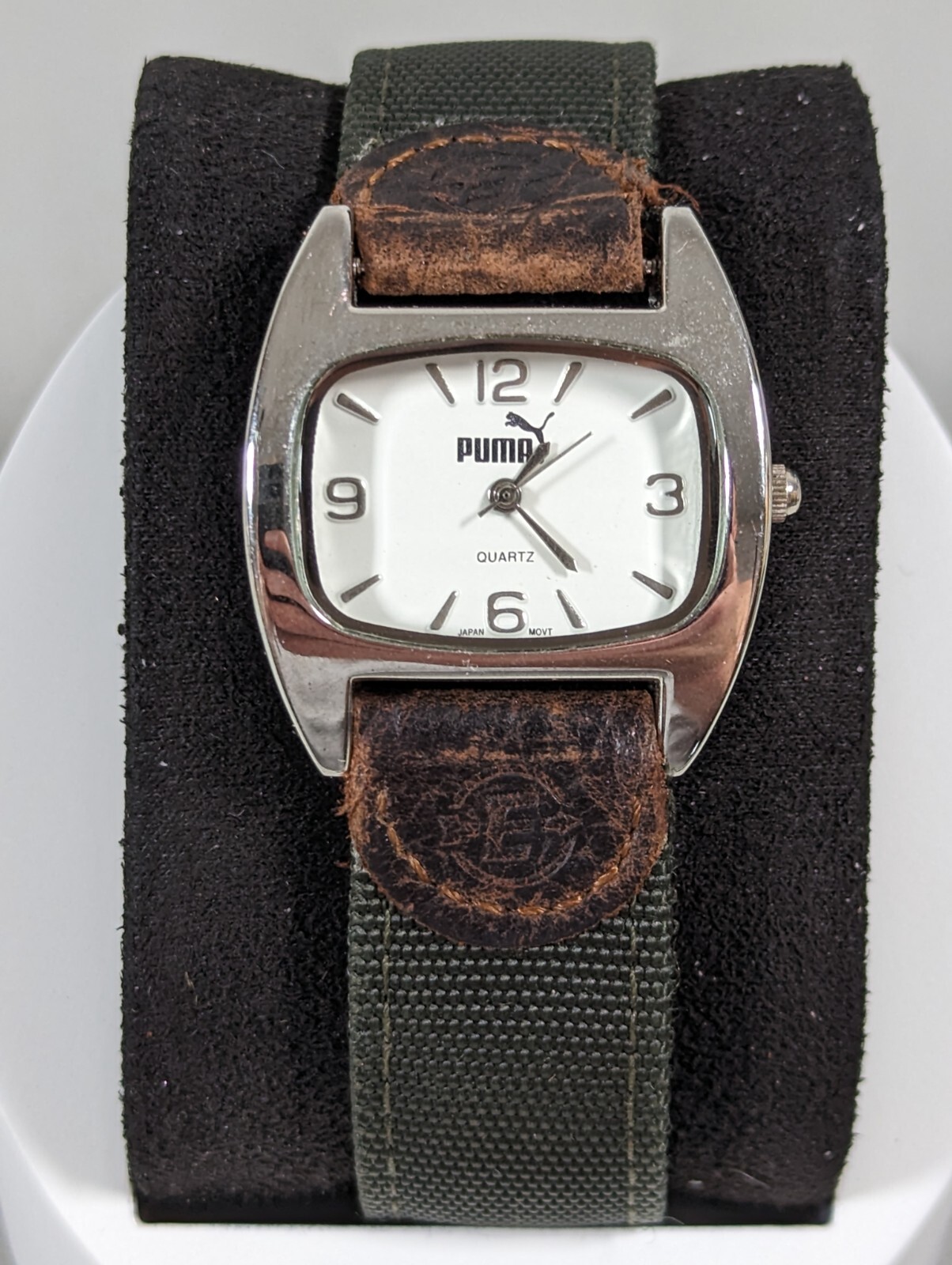 Puma White Dial Silver Tone Rectangle Case Green Canvas Leather Band Watch