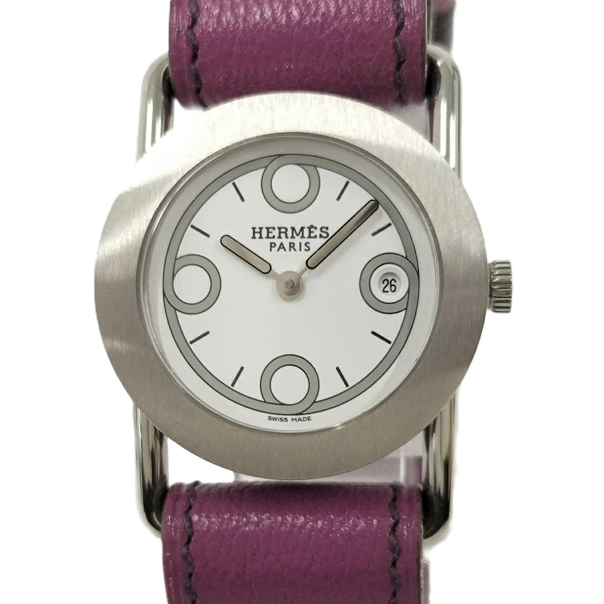 [B1R] Hermes Valenica Watch Ladies Leather Purple Strap White Dial [x8s]