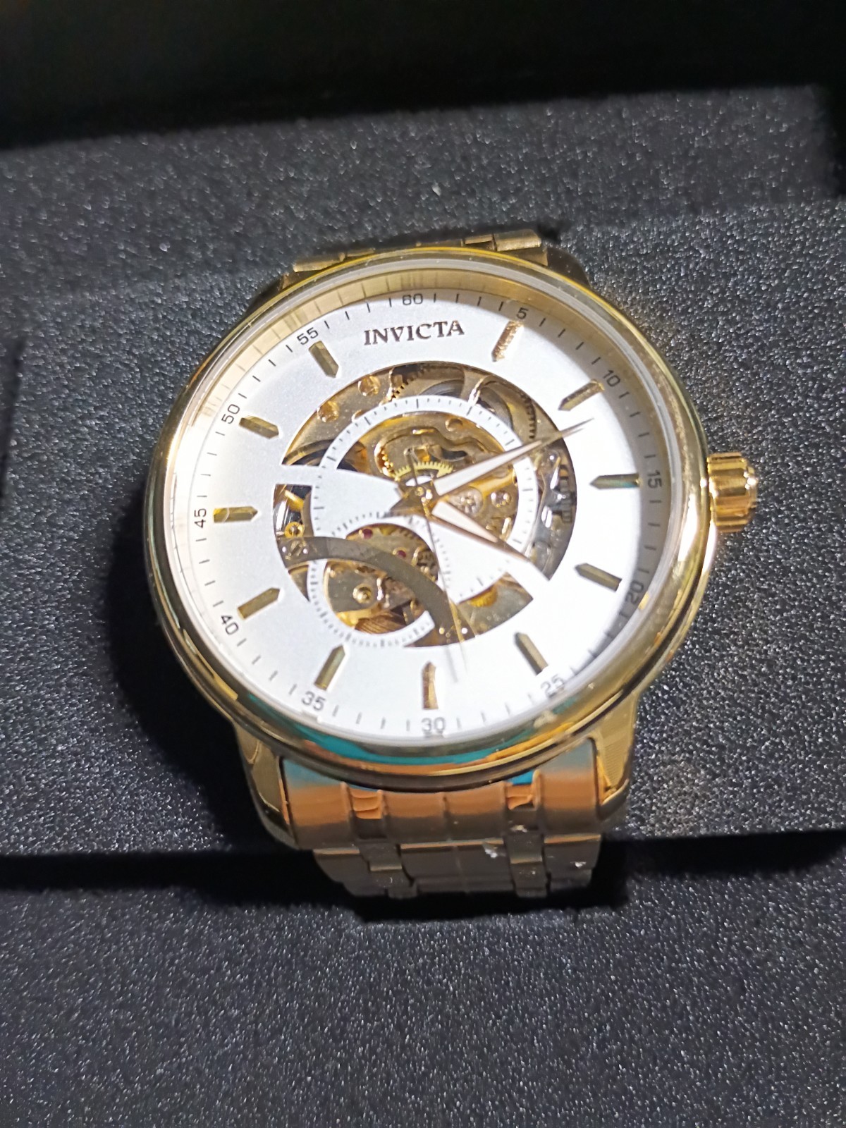 13- Invicta Objet D Art 69120 Automatic Skeleton Dial Watch – 42.5mm Gold NEW