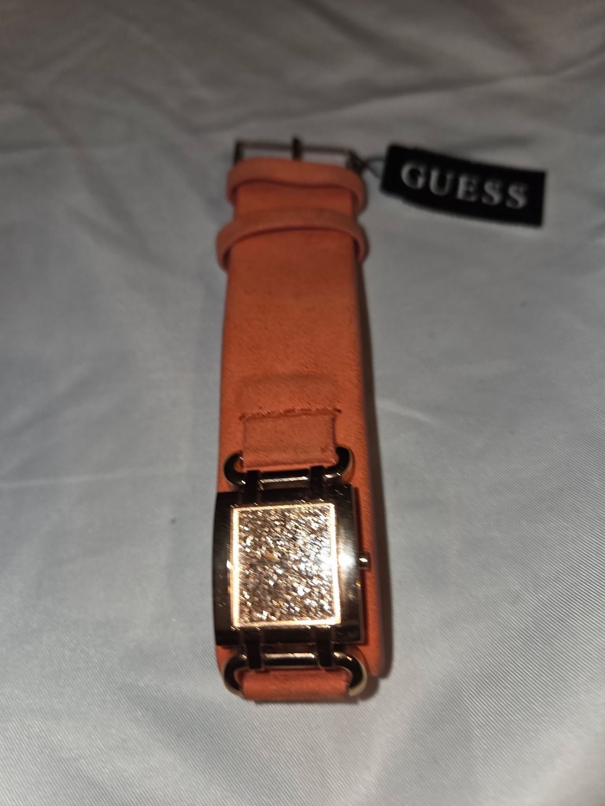 Guess Ladies Rose Gold Tone Glitz Dial Watch with Orange Suede Leather Strap U01