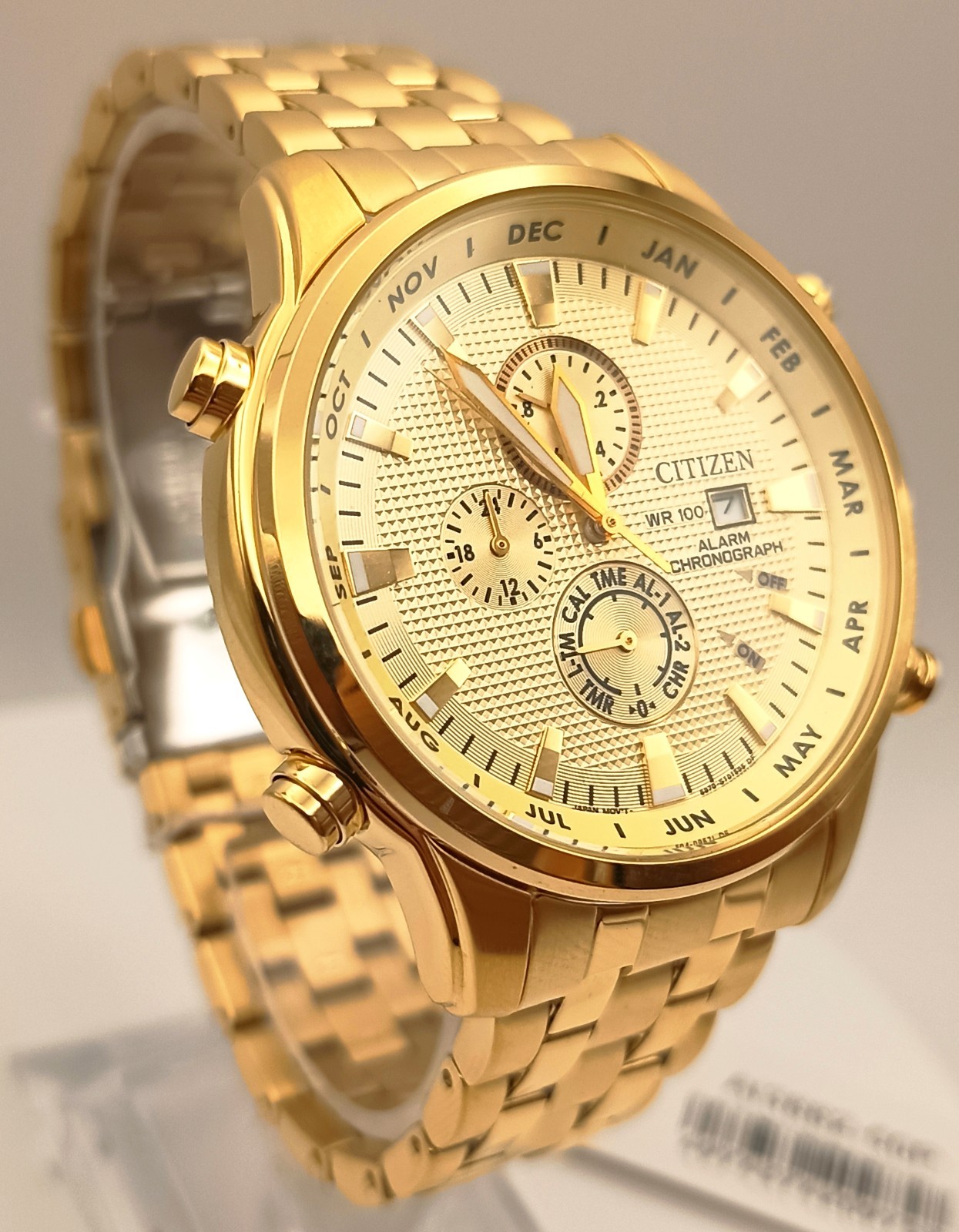 Citizen AI3882-50P Alarm Chronograph WR100 Gold Tone NOS Full Set Box & Papers