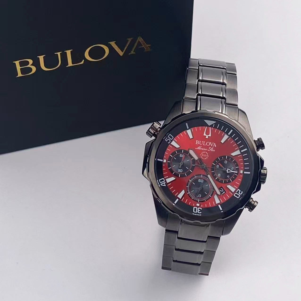 Bulova Marine Star 98B350 Men’s Chronograph Quartz Watch Red Dial Stainless 43mm