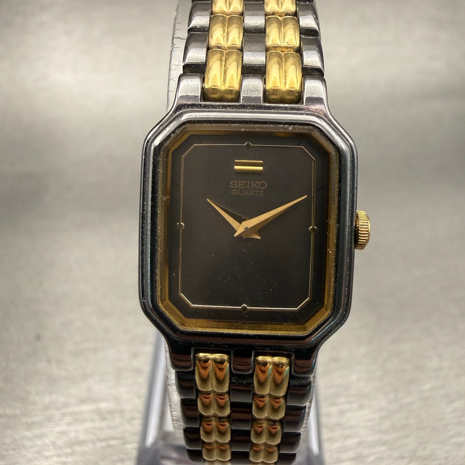 Seiko Watch Women 18mm Black Dial Two Tone Rectangle 2Y00-5569 New Battery VTG
