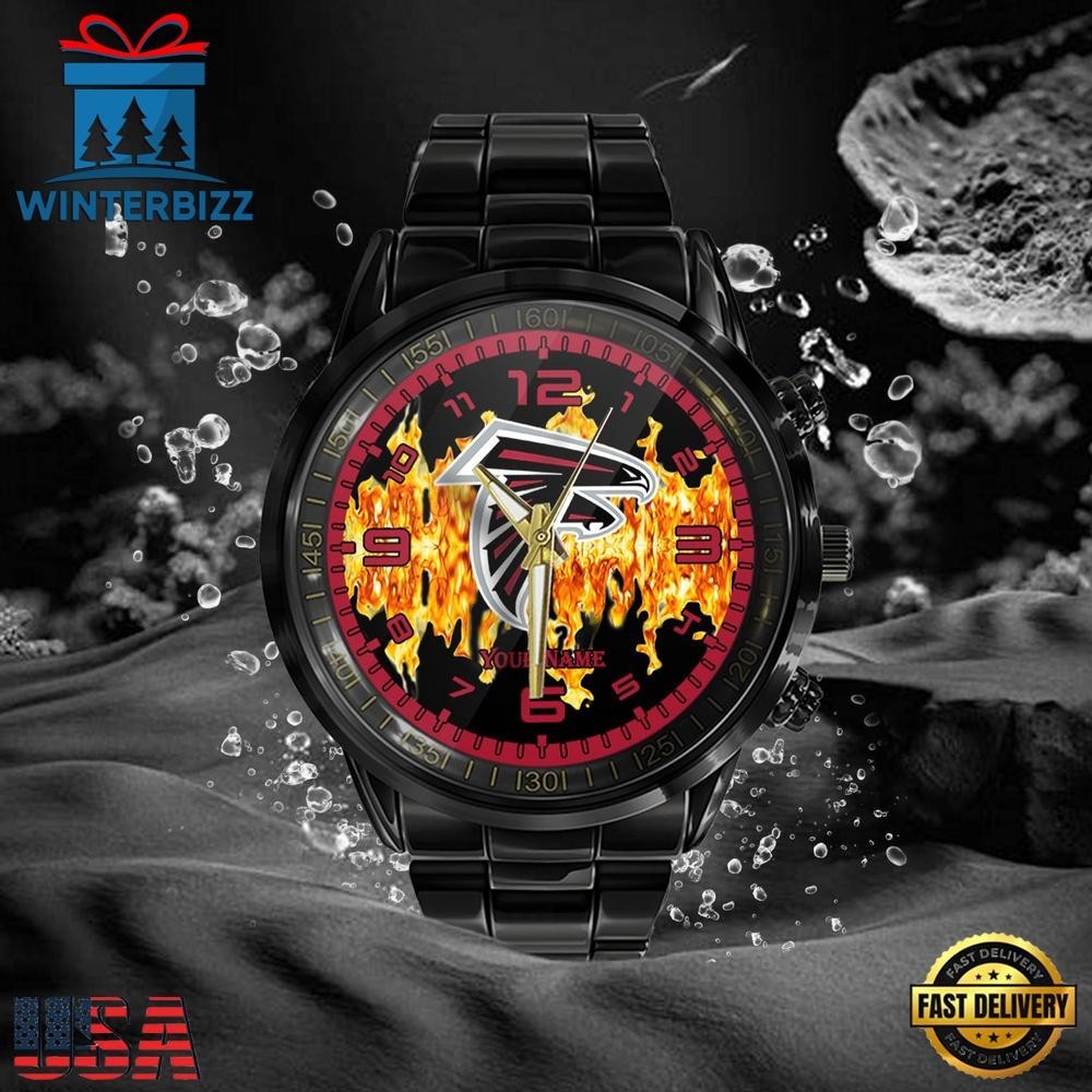 Custom Name Atlanta Football Team Falconss 3D Men Black Stainless Steel Watch