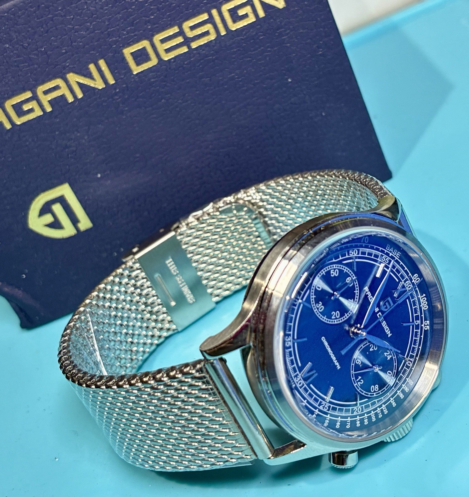 PAGANI DESIGN 40MM CHRONO VINTAGE STYLE BLUE BICOMPAX DIAL SEIKO VK64 QUARTZ