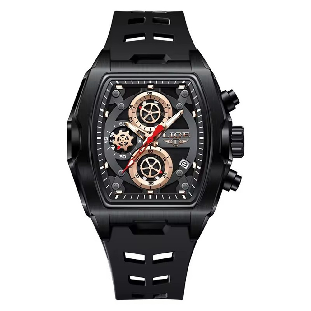 LIGE Men Silicone Watch Rectangle Sport Wristwatch Chronograph Date Male Watches