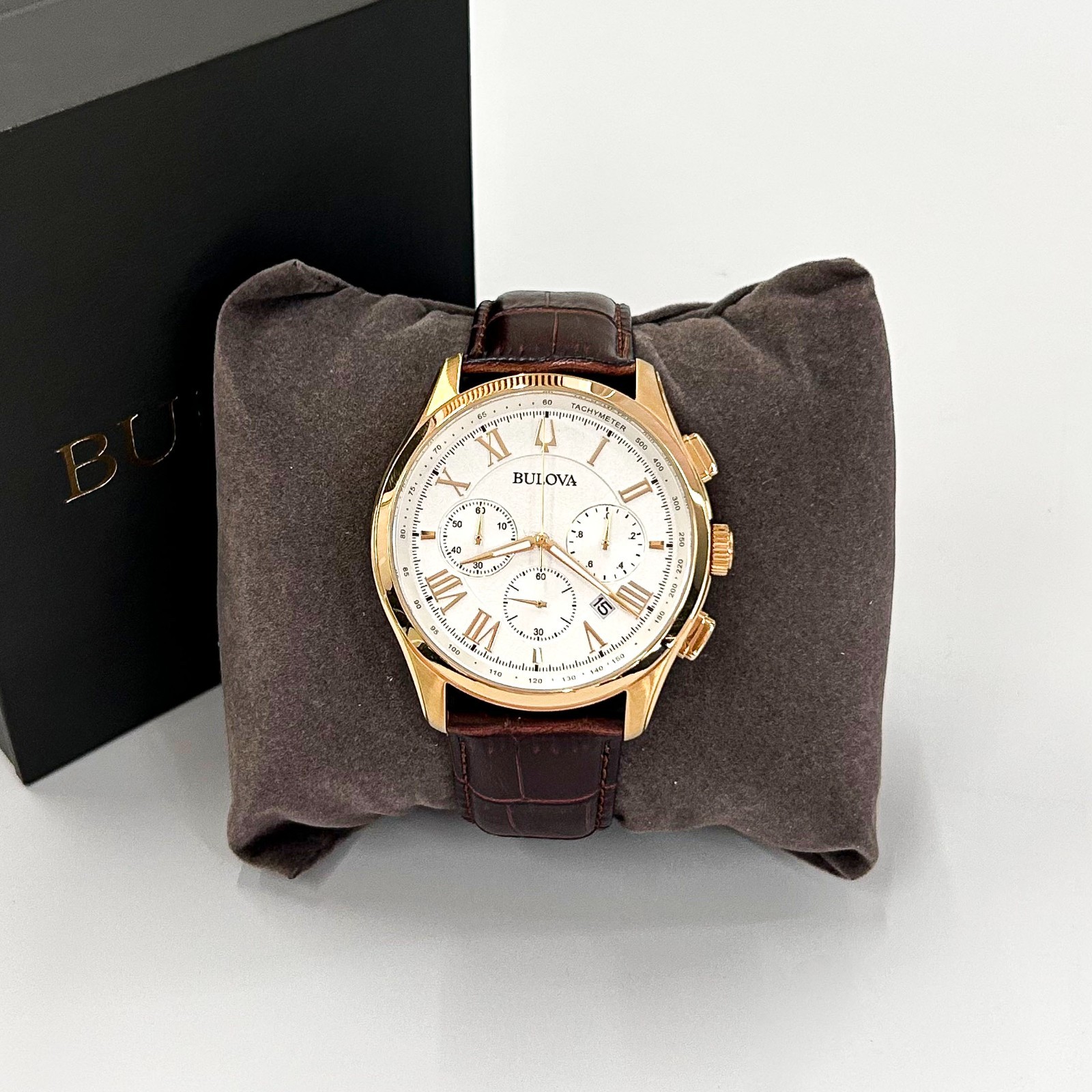 Bulova Men’s Classic Wilton 97B169 White Dial Brown Leather Quartz Watch 46mm