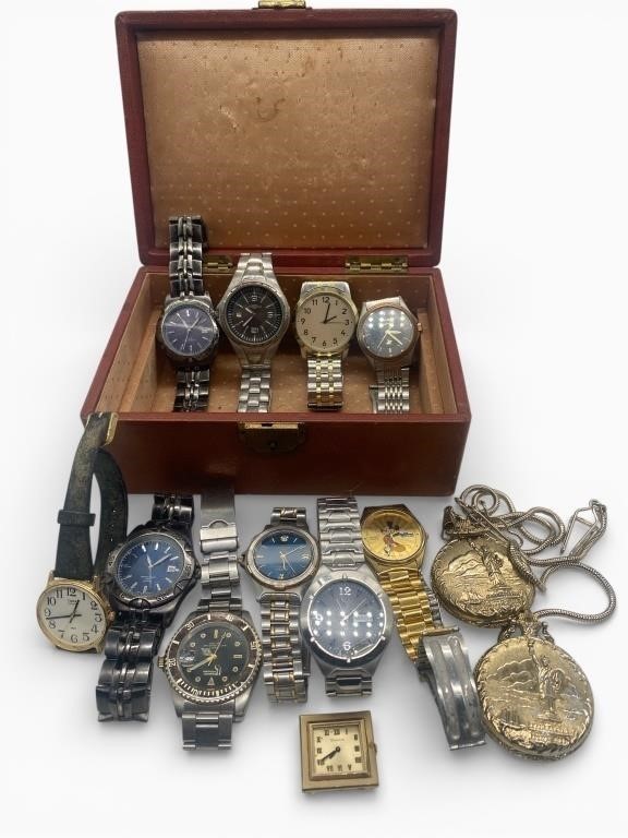 Vintage grouping of 13 wrist and pocket watches plus box, none tested, need TLC