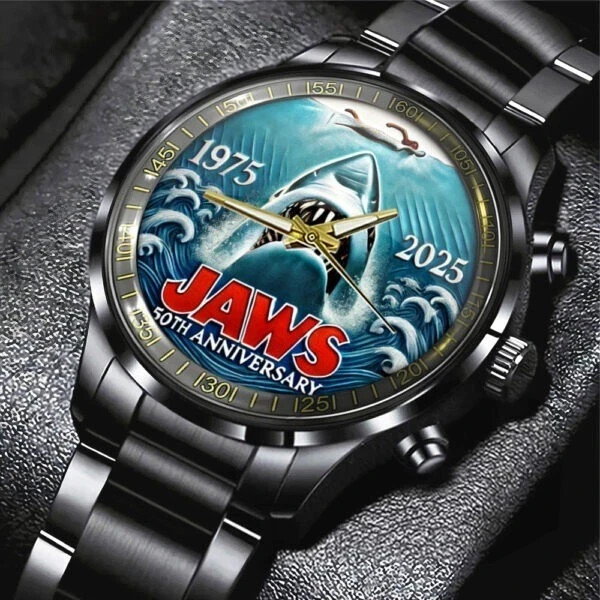 Jaws Black Stainless Steel Watch Movie 50Th Anniversary