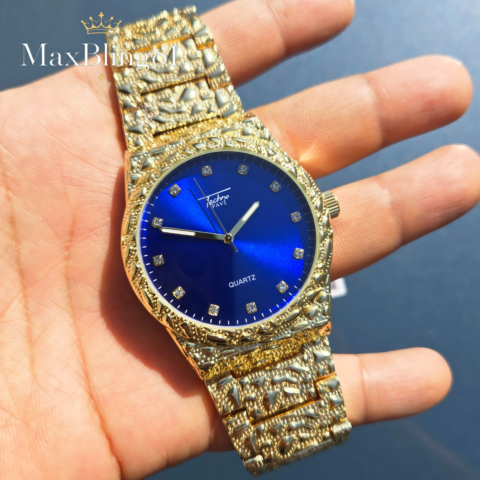 MEN ICED HIP HOP GOLD PLATED LUXURY BLUE DIAL GOLDEN NUGGET WATCH & BRACELET SET