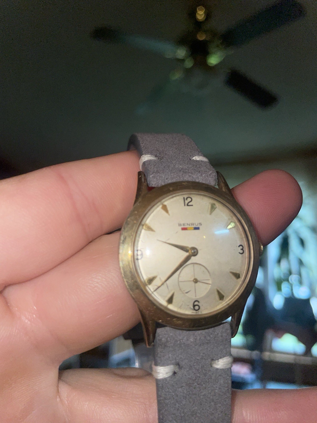 Benrus Manual Wind Dress Watch Gold Plated Silver Dial Gray Leather 32-35.9mm