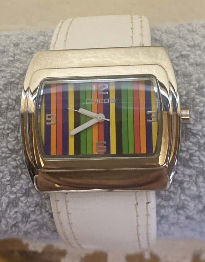 Chico’s Cuff Watch White Band Multicolor Striped Face, Rainbow Face