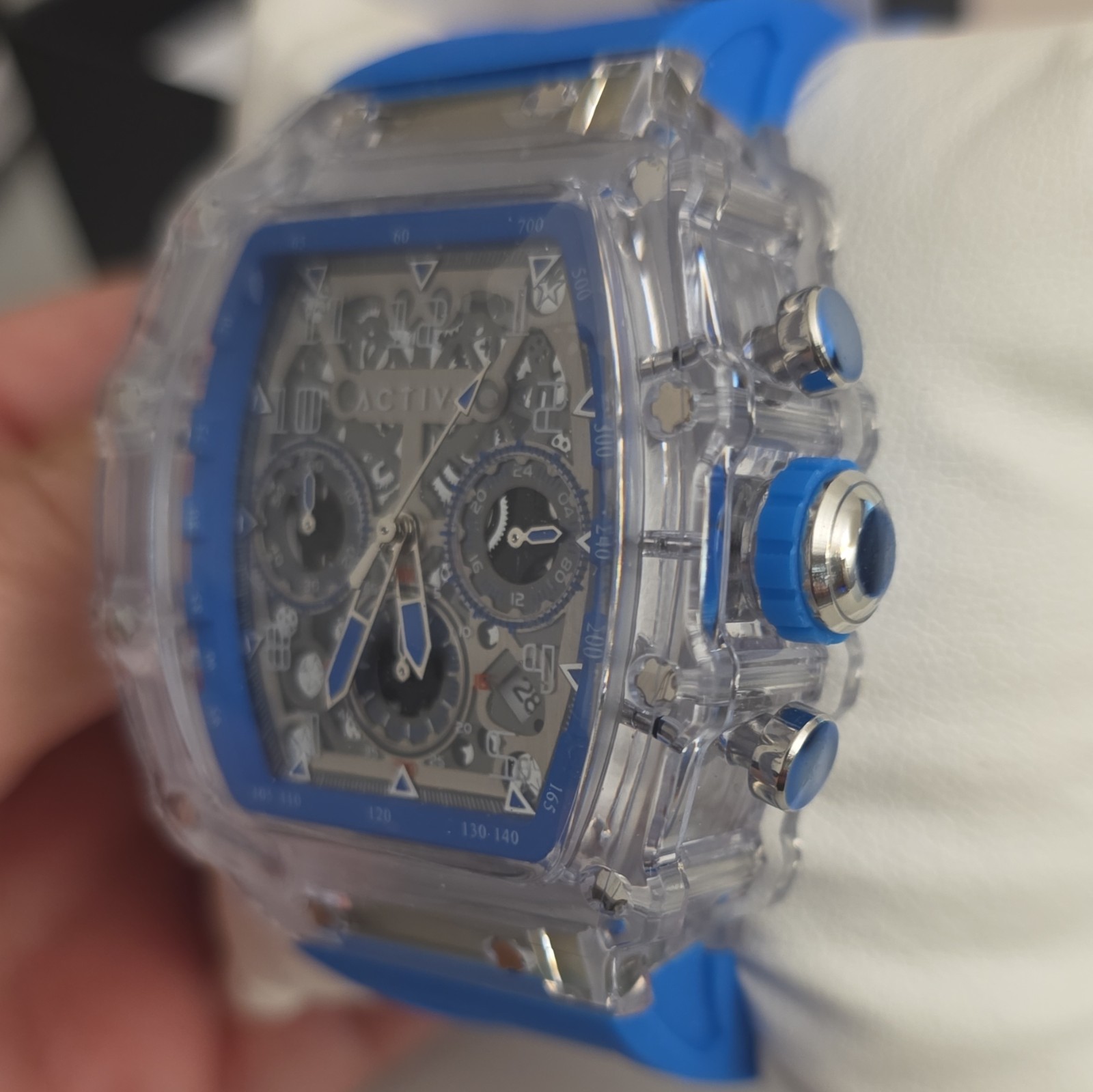 Activa Quartz Chronograph Square Clear Plastic Case Blue Rubber Strap Date