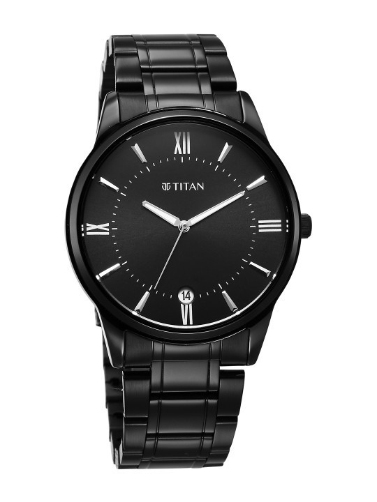 Titan Mens Watch Black Solid Dial Stainless Steel Bracelet Date Aperture 50M