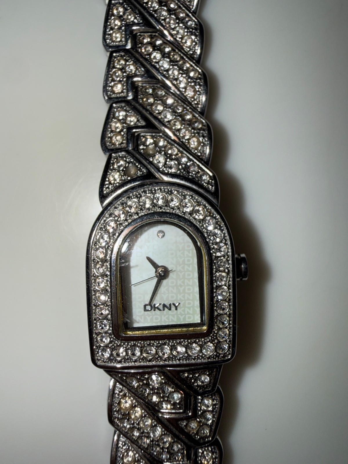 Vintage DKNY Crystal Pave D Logo Link Bracelet Watch Stainless Steel As Is