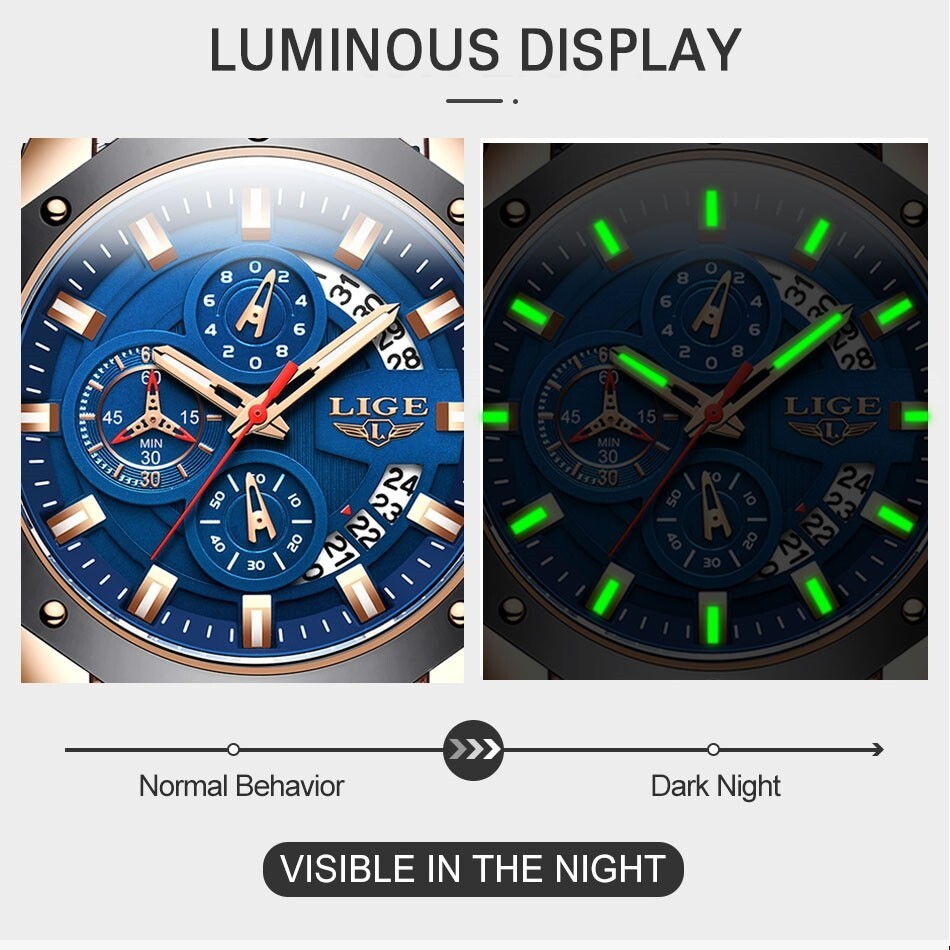 LIGE Men’s Watch Quartz Analog Luminous 3ATM Waterproof Luxury Casual Wristwatch