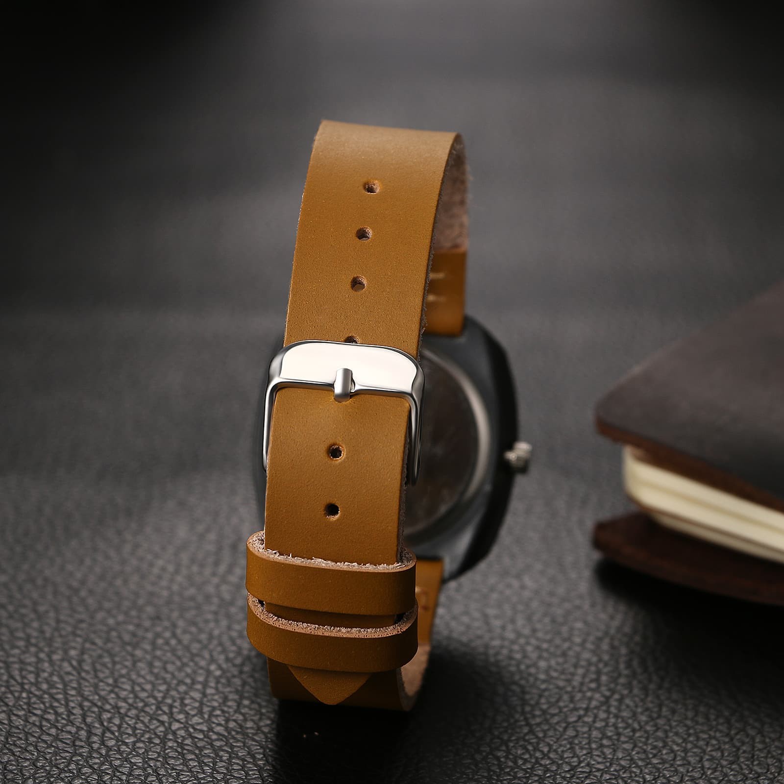 Women’s Floral Barrel Case Arabic Numeral Dial Genuine Leather Band Wrist Watch