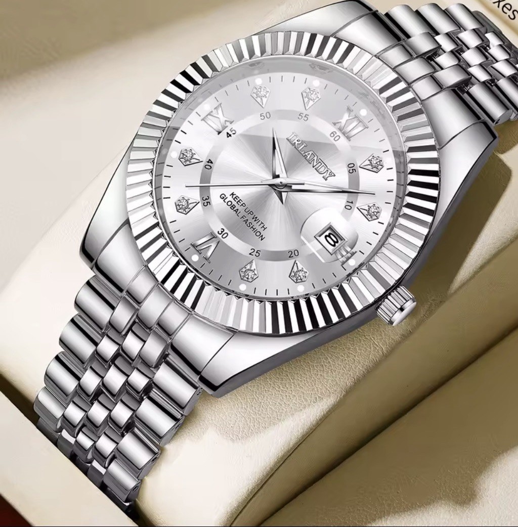 Luxury Men’s Wrist Watch Diamond Dial Date Stainless Steel Business Quartz Watch