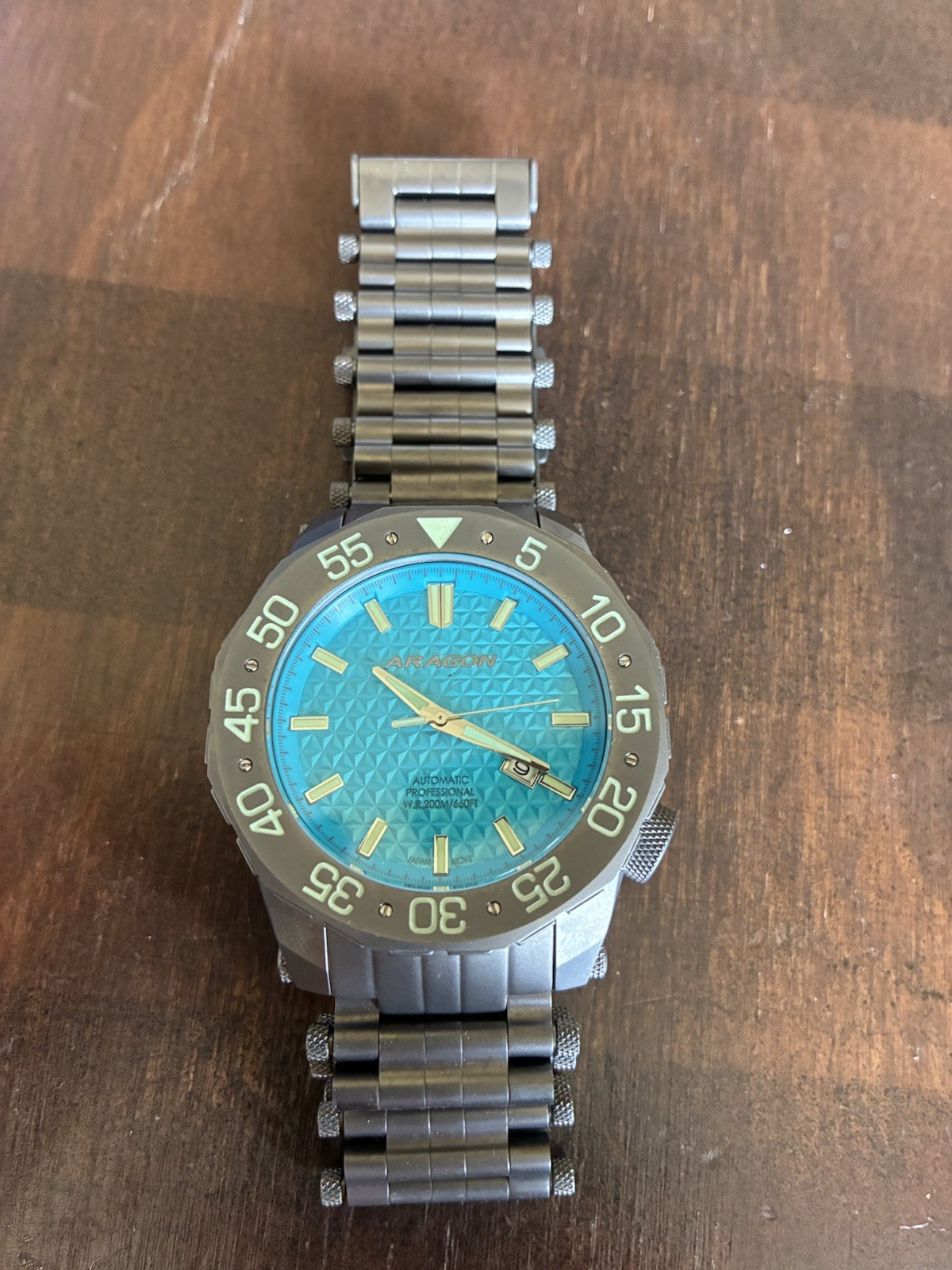 ARAGON Diver Automatic 50mm Blue Dial Black Bezel Gray Bracelet Box Papers