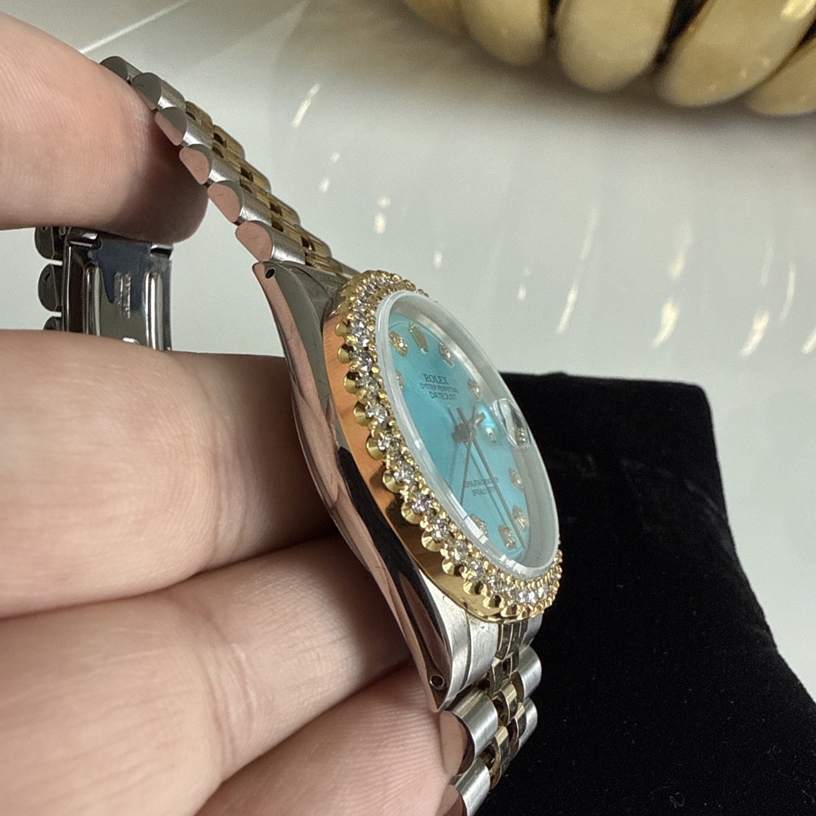 Rolex Datejust 2 Tone White Gold Diamond Bezel Custom Tiffany Blue Dial 36mm