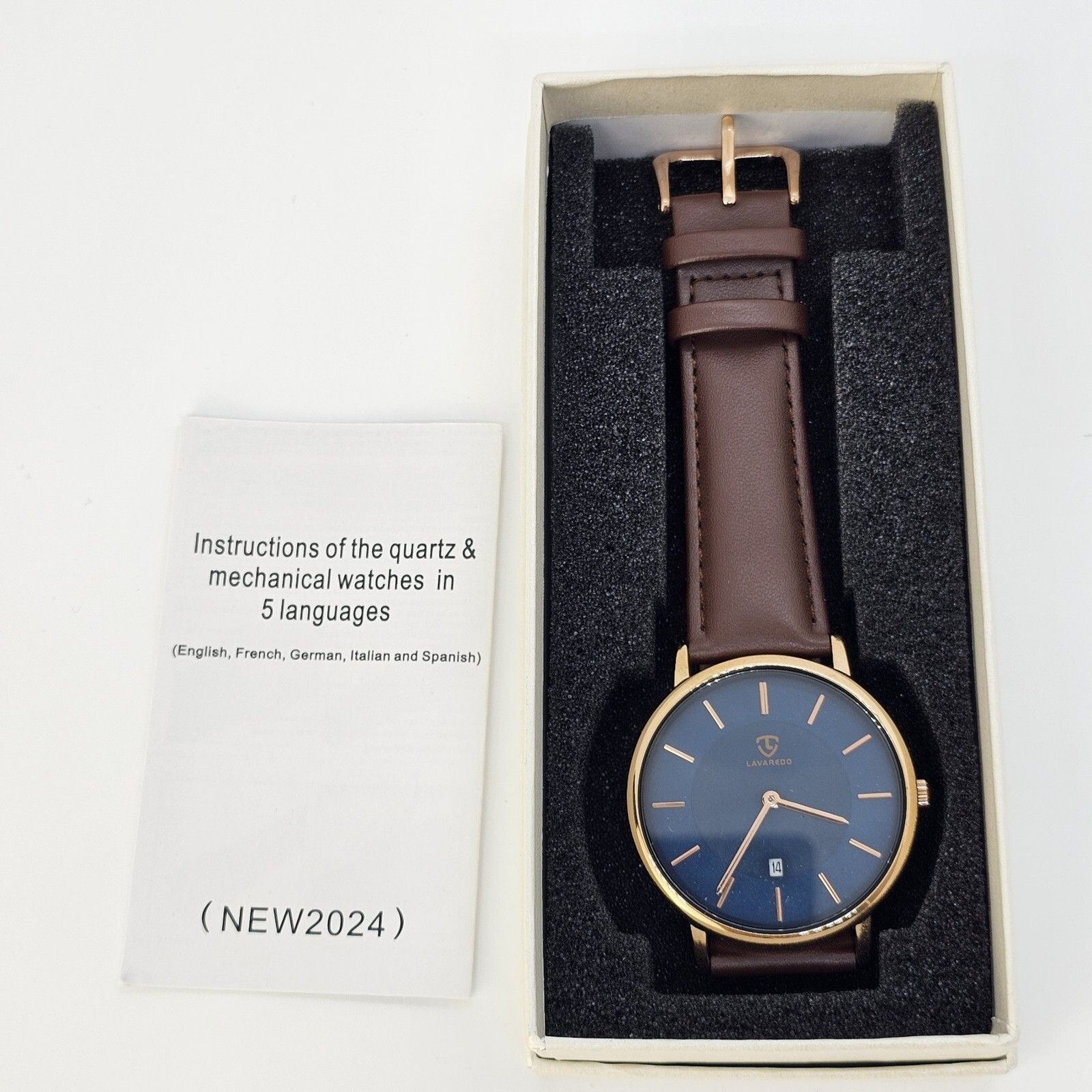 Men’s Watch 40MM Gold Case Blue Dial Brown Leather Band Straps Date Indicator