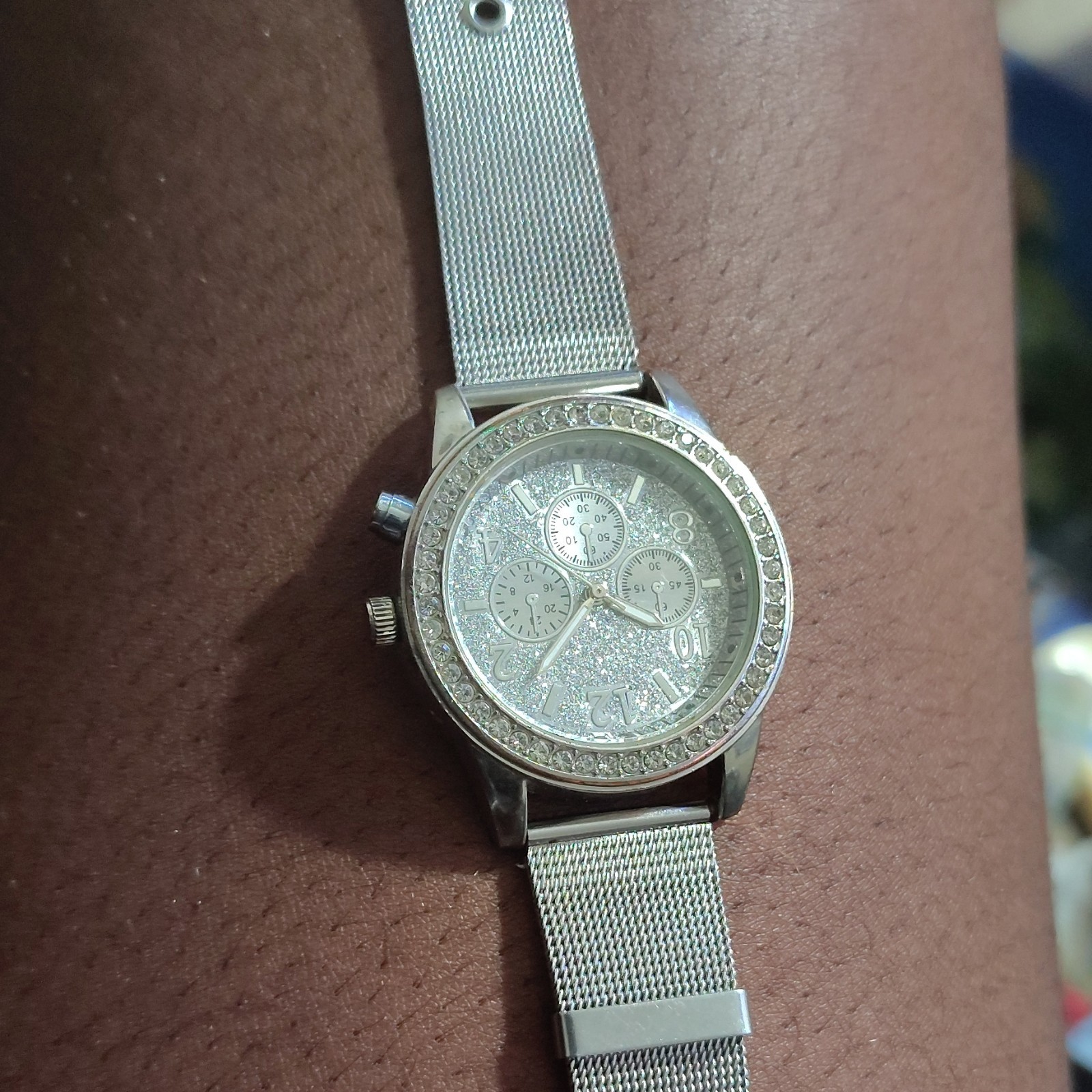 Women’s Silver Tone Analog Quartz Watch, Rhinestone Bezel, Mesh Band, 40mm