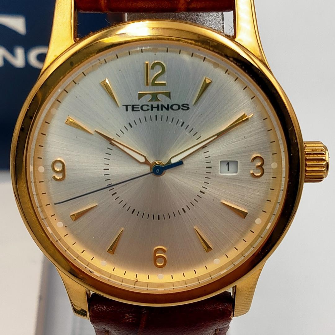 USED TECHNOS T4167 Gold-Tone Date Leather Band Quartz Watch