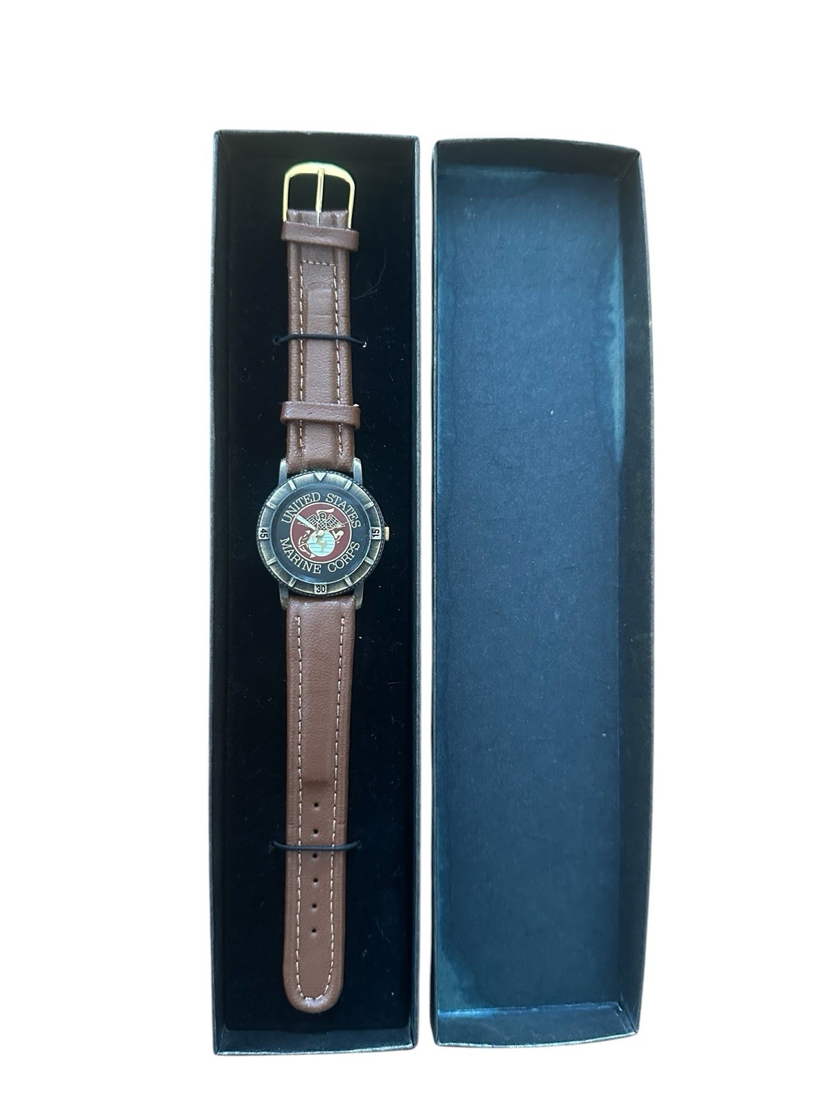 United States Marine Corps Wristwatch Brown Leather Strap Easy to Read