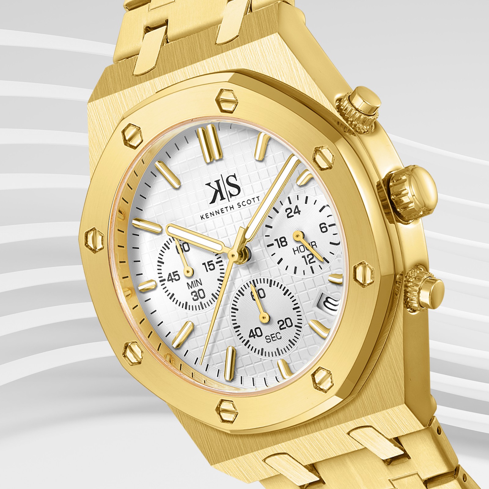 Kenneth Scott Men’s Multi Function Watch | White Dial, 42mm, 30 m (3 ATM)