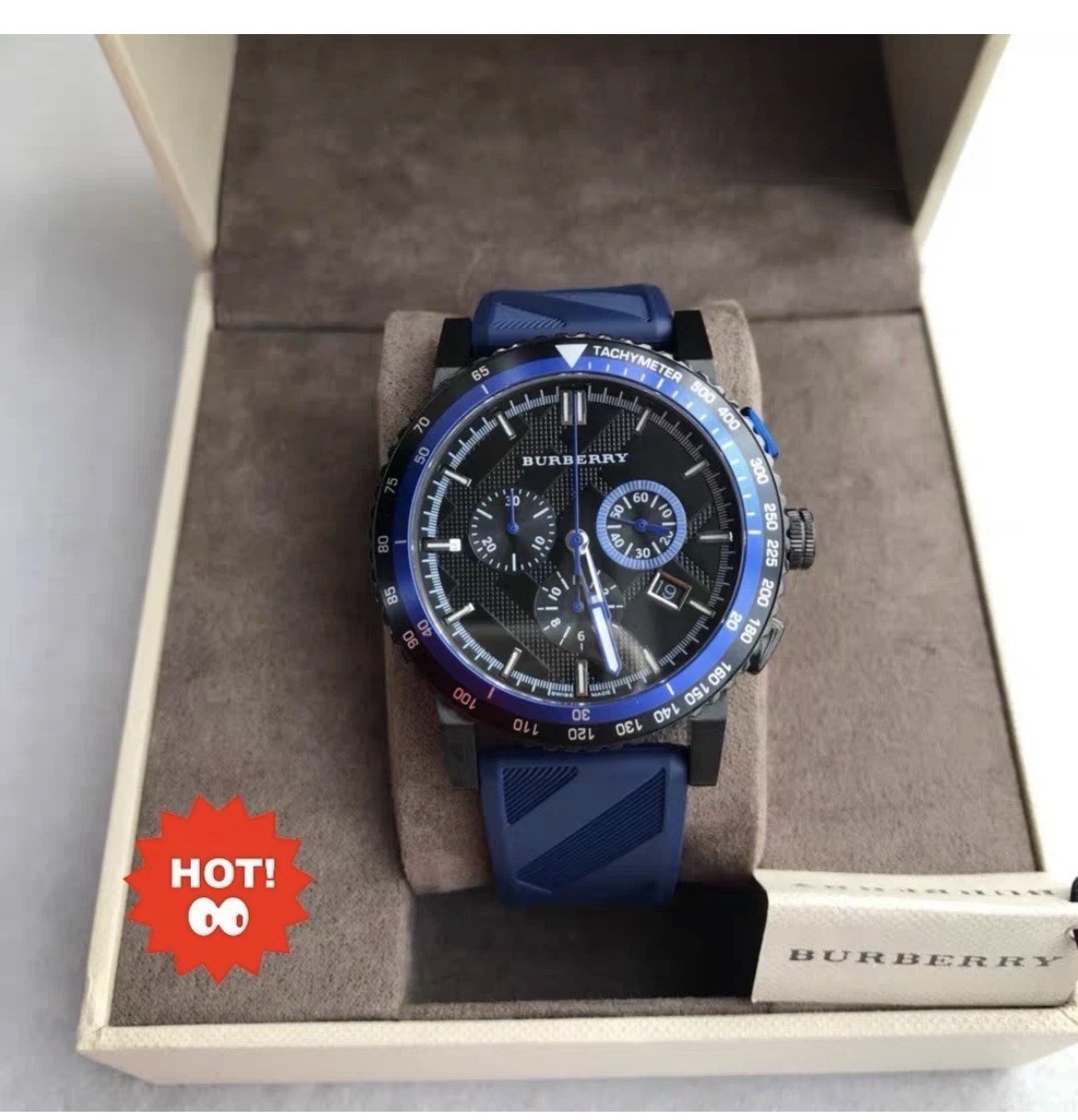 Burberry BU9807 42mm The City Blue Navy Chrono Rubber Swiss Quartz Mens Watch
