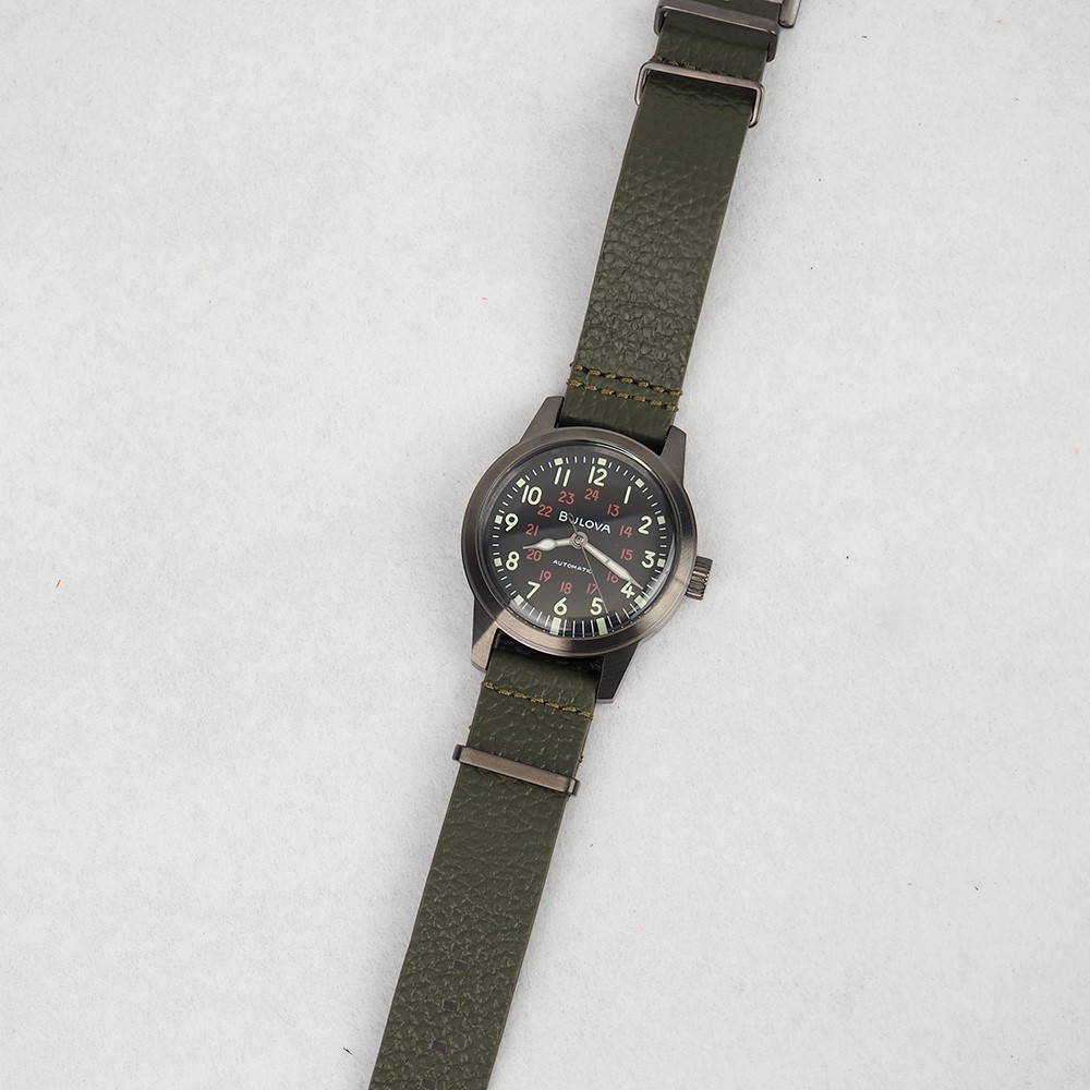 Bulova Hack 98A255 Automatic Military Black Dial Leather Men’s Watch 38MM