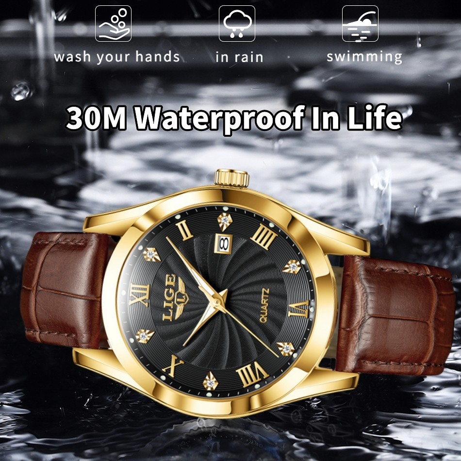 LIGE Men’s Watch Leather Watches Waterproof Luminous Quartz Date Man Wristwatch