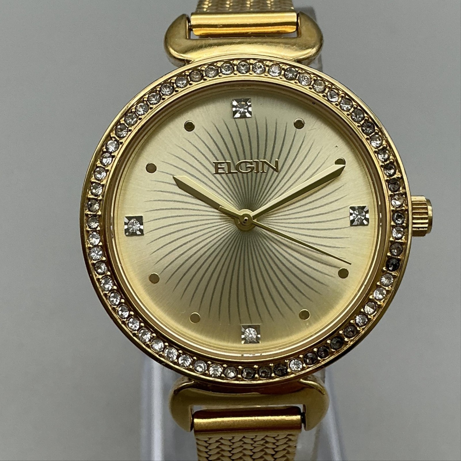 Elgin Womens Watch 35mm Champagne Dial Gold Crystals Mesh Band New Battery