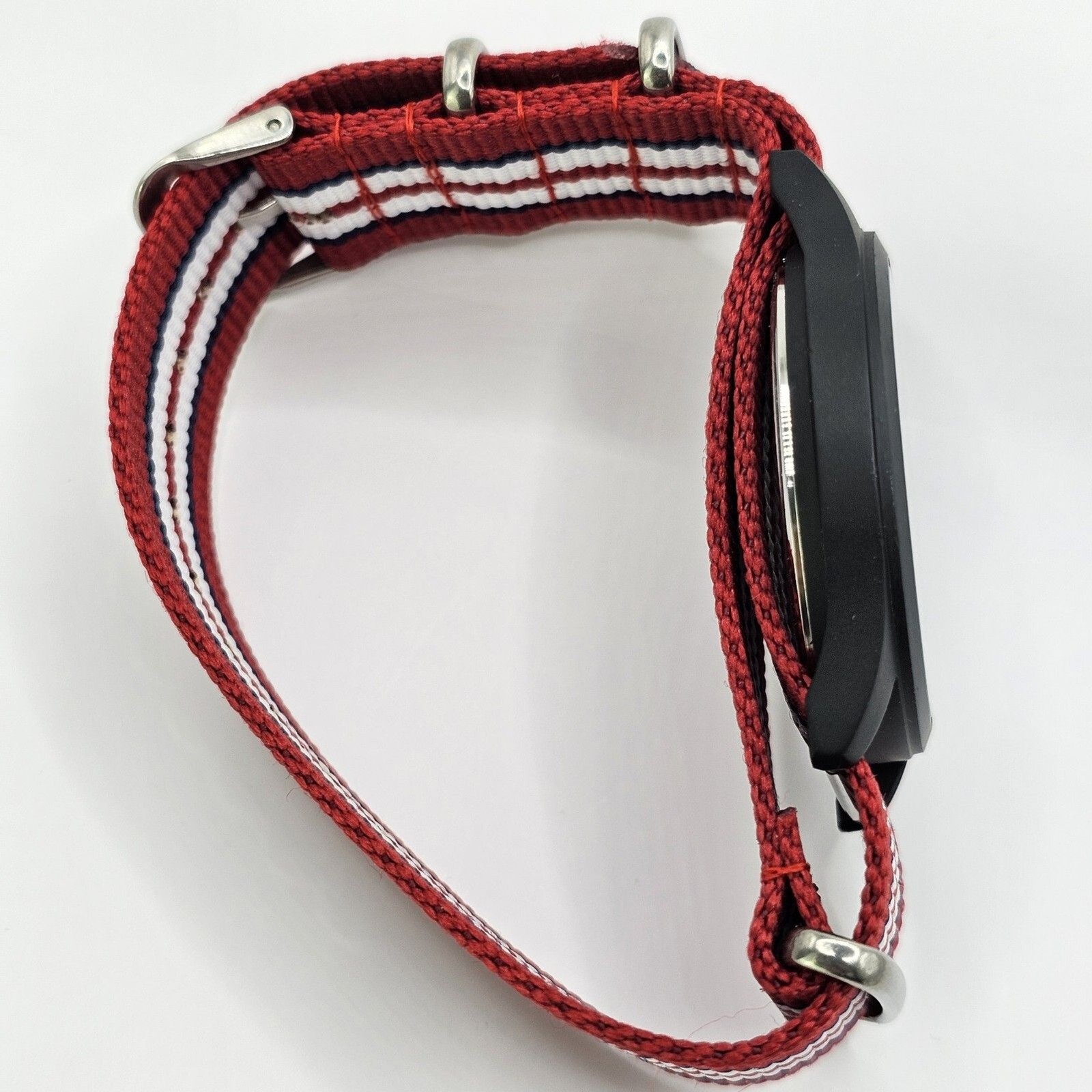 Men’s Military Watch 42MM Large Case Black Dial Red Blue White Canvas Band Strap