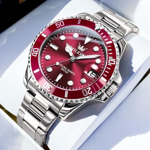Men Watch,Big Dial Watches for Men Stainless Steel sliver band red face-G5885G