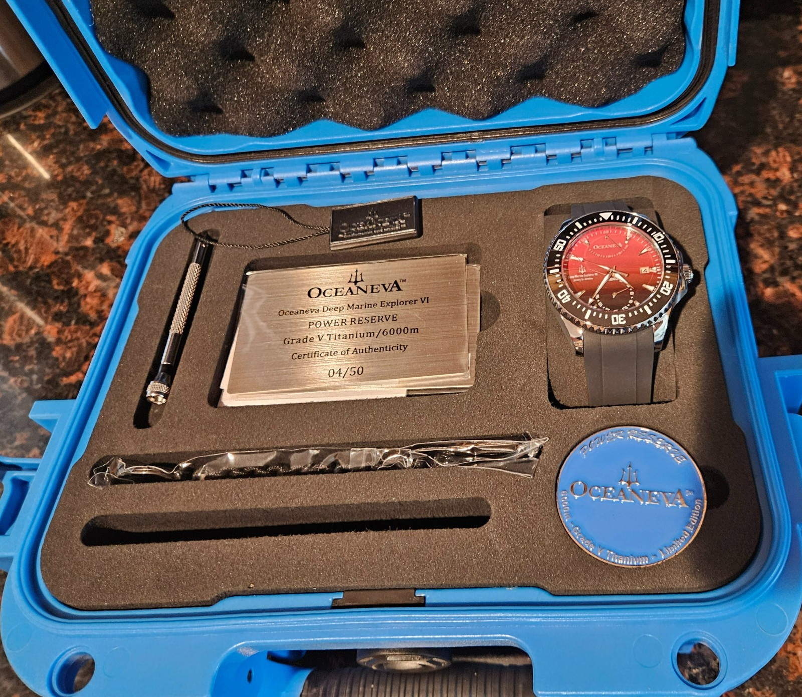 Oceaneva Power Reserve 6000m Automatic Grade 5 Titanium Watch Red